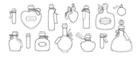 Set of empty hand drawn bottles with rope tied tag and cork on white background. Isolated doodle vector illustration of vials, jars, flasks in retro style.