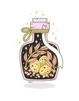 Hand draHand drawn bottle with magic potion in fantasy style on white background. Doodle vector illustration of vial with scary occult objects like branches, eggs.wn bottle with magic potion