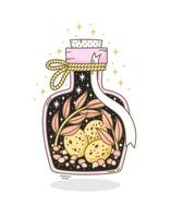 Hand draHand drawn bottle with magic potion in fantasy style on white background. Doodle vector illustration of vial with scary occult objects like branches, eggs.wn bottle with magic potion