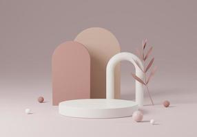 Abstract white round corner pedestal podium with leaf, Product display podium in room, 3d rendering studio with geometric shapes, Cosmetic product minimal scene with platform, Stand to show products photo