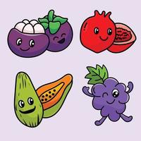 fruta dibujos animados mascota vector diseño plano lindo sonrisa expresión mangostán papaya granada uva