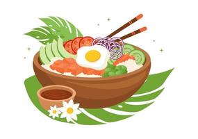 plato hawaiano poke bowl comida plantilla dibujado a mano dibujos animados ilustración plana con diseño de arroz, atún, pescado fresco, huevo y verduras vector