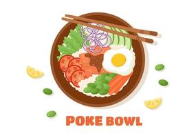 plato hawaiano poke bowl comida plantilla dibujado a mano dibujos animados ilustración plana con diseño de arroz, atún, pescado fresco, huevo y verduras vector