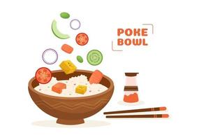 plato hawaiano poke bowl comida plantilla dibujado a mano dibujos animados ilustración plana con diseño de arroz, atún, pescado fresco, huevo y verduras vector