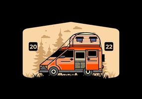 Big van with roof box tent illustration badge vector