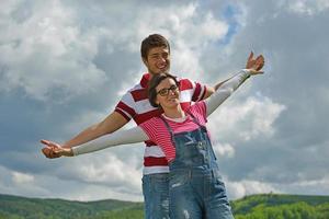 romantic young couple in love together outdoor photo