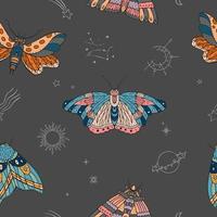 Moth, symbols of the sky, sun and moon vector seamless pattern. Night butterfly nature illustration. Boho insect background.