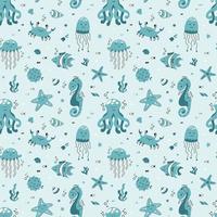 Cute seamless pattern with a nautical theme. Ocean and sea life background for fabric and packaging. Vector illustration for children.