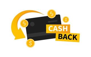 Vector cashback label with debit card and arrow. Business cash back icon. Return of money from purchases. Modern cashback banner.
