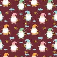 funny dwarf with a flashlight sun clouds. seamless fabric background, children's illustrations vector