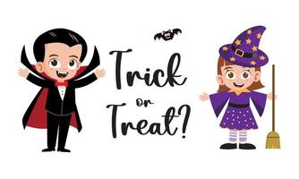 Trick or treat lettering with cute kids in vampire and witch costumes vector