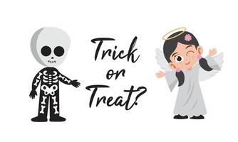 Trick or treat lettering with cute kids in skeleton and angel costumes vector
