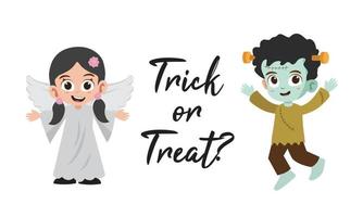 Trick or treat lettering with cute kids in angel and frankenstein costumes vector