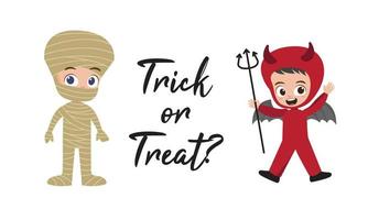 Trick or treat lettering with cute kids in devil and mummy costumes vector illustration