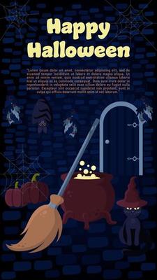 Halloween Banner With Witch's Hut Interior With Cauldron, Broom, Cat, Pumpkins, Bat, Herbs and Spider Web. Perfect for Web Sites, Printed Materials, Social Media, etc.