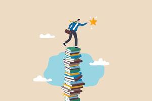 Learning or study help reach goal and success, knowledge and education for business challenge, motivation or ambition to learn new skill concept, smart businessman climb book stack to reach goal. vector