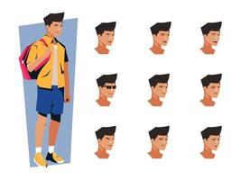 Smart boy character with different facial expression.  Facial characters different faces vector