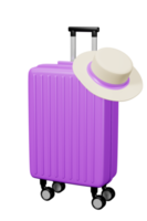 maleta azul equipaje de viaje con sombrero blanco ilustración 3d concepto de viaje para publicidad turística png
