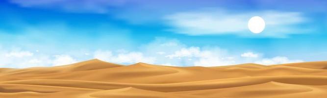 paisaje desértico con dunas de arena dorada con nubes esponjosas cielo azul. vector de dibujos animados caliente seco desierto. horizonte hermoso fondo natural con colinas de arena amarilla escena de paralaje en un caluroso día soleado de verano