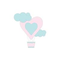 Vector flat illustration of a heart air balloon with clouds isolated on a white background. Pastel color.