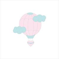 Vector flat illustration of a cute air balloon with clouds isolated on a white background. Pastel color.