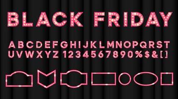 Pink Black Friday bulbs light effect. Movies night shiny letters. Vintage text with led lit vector