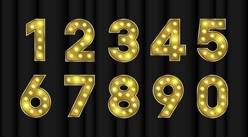 Shiny numbers in metal gold. Marquee font with bulb effect for happy birthday or anniversary cards template. Neon light text for signboard vector