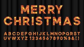 Merry Christmas marquee alphabet with bulb light shiny effect. Carnival or circus abc for banners and posters. Bright title for showtime vector