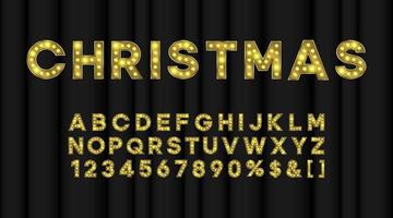 Marquee Christmas alphabet for night showtime. Bulb text effect gold font vector