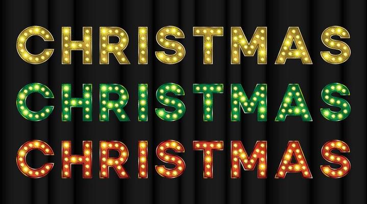 Christmas title in gold, red and green with bulb light effect. Vintage 3d text for Vegas show or circus banner
