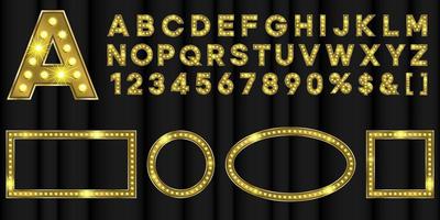 Gold letters with light text effect. Marquee 3d font with lamp lit. Geometric vintage frames vector