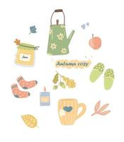 Vector set of autumn icons tea, leaves, jam, honey, knitted socks. Autumn cozy postcard. Illustrations for stickers, notebooks, posters, postcards.