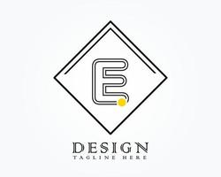 Logo design template with letter E of the alphabet in a box with yellow rounded marks vector