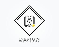 Logo design template with letter M of the alphabet in a box with yellow rounded marks vector