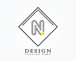 Logo design template with letter N of the alphabet in a box with yellow rounded marks vector