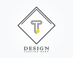 Logo design template with letter T of the alphabet in a box with yellow rounded marks vector