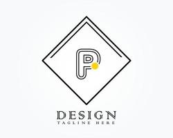 Logo design template with letter P of the alphabet in a box with yellow rounded marks vector