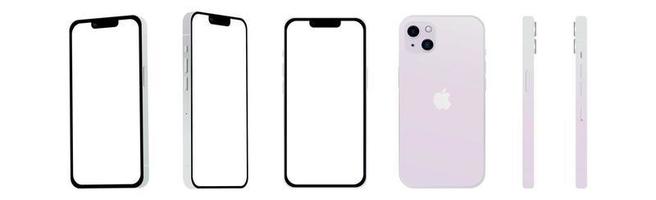 Set of 6 pcs different angles, Purple smartphone Apple iPhone 14 model, novelty of the IT industry, mockup for web design on a white background - Vector
