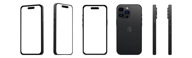 Set of 6 pcs different angles, Black PRO smartphone Apple iPhone 14 models, new IT industry, mockup for web design on a white background - Vector