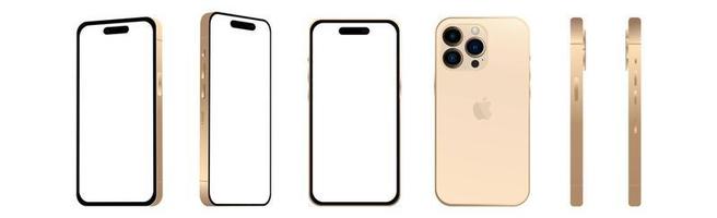Set of 6 pcs different angles, Golden PRO smartphone Apple iPhone 14 models, new IT industry, mockup for web design on a white background - Vector