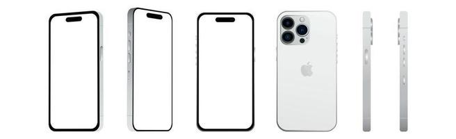 conjunto de 6 piezas de ángulos diferentes, modelos de iphone 14 de apple de smartphone pro blanco, novedad de la industria de ti, maqueta para diseño web sobre un fondo blanco - vector