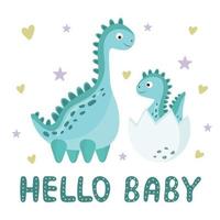 Newborn baby concept with cute little dinosaur in egg and his mother. Funny newborn dino. Hello baby card for decorating a nursery, textiles, milestone cards, baby shower invitation. vector