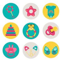 Set of circle icons for website, stories highlights with accessories for newborn baby care, motherhood. Suitable for children goods store, highlights stories cover for mother blogger. Round sticker. vector