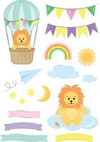 un pequeño cachorro de león está volando en un globo aerostático. foto para una guardería, postal, afiche. se puede utilizar para la invitación a la fiesta infantil, imprimir en la ropa. vector