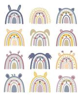 lindas ilustraciones vectoriales con arco iris de guardería boho como animales aislados en fondo blanco. decoración de una habitación infantil, invitaciones, carteles. para cumpleaños, cuarto de bebé, invitaciones para niños. vector