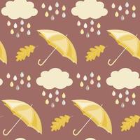 Seamless pattern with hand drawn umbrellas, clouds and raindrops. Background in warm Autumn colours. Thanksgiving, Halloween or harvest decoration, scrapbooking, wall paper, wrapping paper. vector