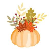 Autumn clipart with pumpkin, oak and maple leaves. Hand drawn vector illustration in warm colours. Elements for design for harvest holiday, Thanksgiving, Halloween, seasonal, textile, scrapbooking.