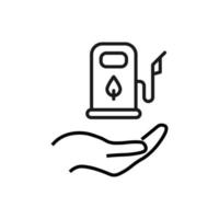 apoyo, presente, signos de caridad. símbolo monocromo para sitios web, tiendas, comercios y otras instalaciones. trazo editable. icono de línea vectorial de la gasolinera ecológica sobre la mano extendida vector