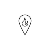 Vector symbol drawn with black thin line. Simple monochrome sign perfect for articles, books, stores, shops. Line icon of flame or fire inside of geolocation sign