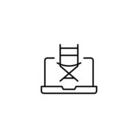 Simple black and white illustration drawn with thin line. Perfect for advertisement, internet shops, stores. Editable stroke. Vector line icon of director chair laptop monitor